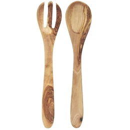  Olive wood salad servers, handcrafted set with natural wood grain and warm tones, suitable for serving salads and other dishes.
