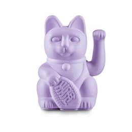 Lilac-colored ceramic figurine of a lucky cat with a waving paw, suitable for home decor or as a gift.
