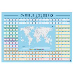  A world map poster with scratch-off locations for tracking travel destinations. Colorful, educational, and interactive design.