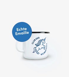 Enamel mug with "Weinhorn Club" text, featuring a unicorn graphic. The mug has a white and blue color scheme.