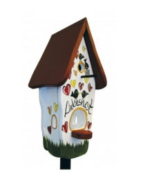  Wooden bird house with colorful painted birds and flowers, brown roof, white body, decorative birdhouse