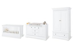 A 3-piece nursery set including a cot bed, extra wide changing unit, and 2-door wardrobe in a white finish. Suitable for a nursery or baby's room.