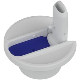  White reusable water bottle with flip straw and blue accent.