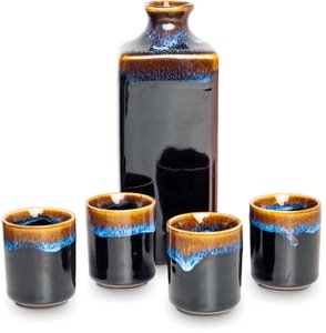 Edo Koge Sakeset Schwarz/Blau/Braun 450 ml, 5-teiliges Set, Japan, Geschenkbox