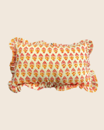  Rectangular cushion with a vibrant floral pattern in shades of orange, yellow, and blue. Features a ruffled edge for a decorative touch.