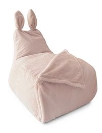 Soft, plush pink bunny-shaped beanbag chair for kids, made of cozy fur material.