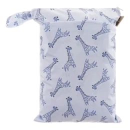 Blue and white giraffe print wet bag for diapers and other items. Made of durable, waterproof material.