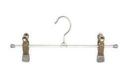Silver metal coat hanger, 40 cm long, with two clips for hanging clothes.