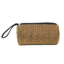A gold-colored pencil case made of woven material with a zipper closure and a wrist strap.