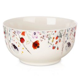 A round, porcelain serving bowl with a floral pattern featuring poppies, leaves, and other botanical elements in shades of red, purple, and green on a white background. The bowl has a capacity of 500 ml and measures 13 cm in diameter.