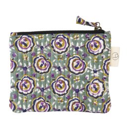  Printed cotton pouch with floral pattern in shades of teal and red. Compact size suitable for coins, cards, or small items. Durable zipper closure.