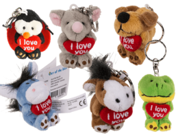 Plush animal keychains with "I love you" heart, soft fabric, cute designs including penguin, elephant, bear, frog, various colors.