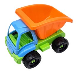 Colorful plastic toy vehicle tipper, approximately 20 x 15 x 13.5 cm in size, suitable for educational play.