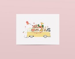 Colorful birthday card with animals in a van, available with or without envelope.