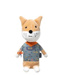 Soft plush music box toy in the shape of a fox, with a cloth bag. Features a playful fox design with a whimsical pattern. Suitable for babies and young children as a musical toy.