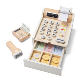 A white wooden cash register toy with a calculator, drawers, and play money. The cash register is made of 100% FSC certified wood and is suitable for children's imaginative play.