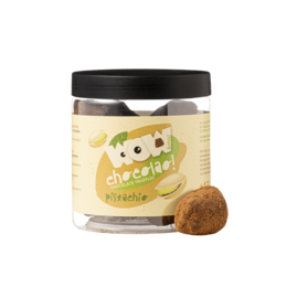  Pistachio chocolate truffles in a 130g gifting jar. Chocolate-coated pistachio-flavored confections in a reusable glass jar.