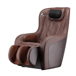  Massage chair with brown leather upholstery, ergonomic design, and massage functions.