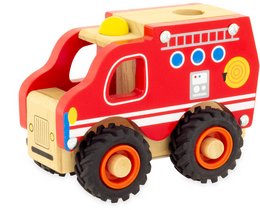 A red wooden toy fire truck with large wheels, a ladder, and various buttons and shapes on the side. This all-terrain firefighter toy is suitable for young children.