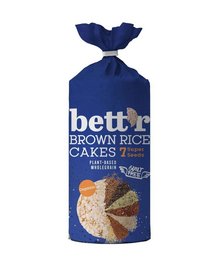 Organic brown rice cakes with 7 super seeds, packaged in a blue and white bag.