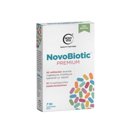 NovoBiotic Premium is a dietary supplement containing a blend of probiotics to support digestive and immune health. The product packaging features a colorful mosaic design.