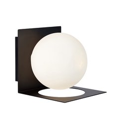 A modern, minimalist wall light with a spherical opal glass shade and a black metal frame. Suitable for indoor use and rated IP44 for moisture resistance.