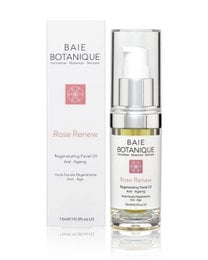 Rose Renew Regenerating Serum, a face serum available in 50ml, 30ml, and 15ml sizes. The serum is packaged in a clear glass bottle with a silver cap and features the Baie Botanique brand name.