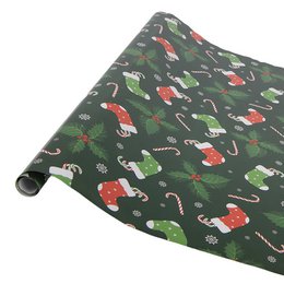 This green wrapping paper features a festive pattern of red and green stockings, candy canes, and holly leaves. The paper is suitable for gift wrapping during the holiday season.
