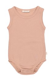 Soft, organic cotton baby bodysuit in a powder pink color. Features a ribbed texture and sleeveless design for comfortable wear. Available in sizes 3-6M, 6-9M, 9-12M, 12-18M, and 18-24M.