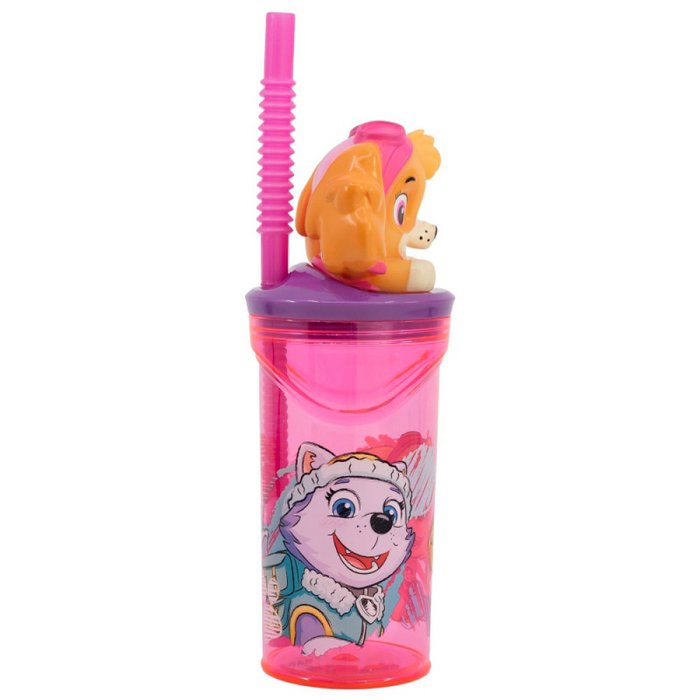 Paw Patrol 3D Figurine Plastic Tumbler Beaker with Flexi Straw - 360ml -  7cm Diameter x 14cm Height - Sturdy Novelty Enclosed Drinking Cup.