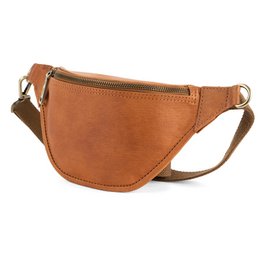  Tan leather cross-body bag with adjustable strap and zipper closure. Compact and versatile design suitable for everyday use.