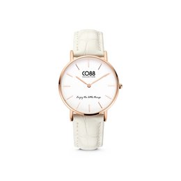 Rose gold-plated stainless steel watch with genuine white leather strap.