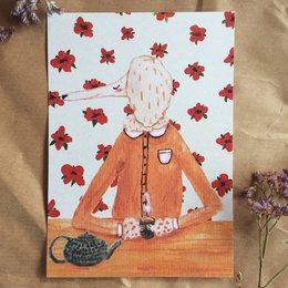 Postcard featuring a teapot design with red leaves around the border. The postcard is categorized as a greeting card.