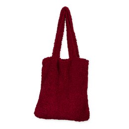 Soft, plush teddy bear shoulder bag available in dark green, wine red, cream, and natural colors. Measures approximately 38 x 40 cm.