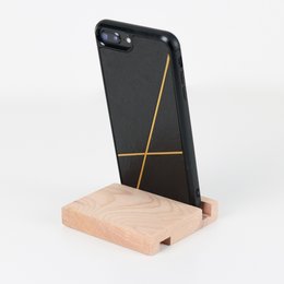 Solid wood mobile or tablet support in rectangular or square shapes, available in dark or light wood tones.