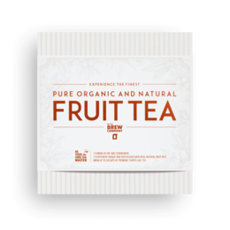 Pure organic and natural fruit tea collection in a white box packaging.