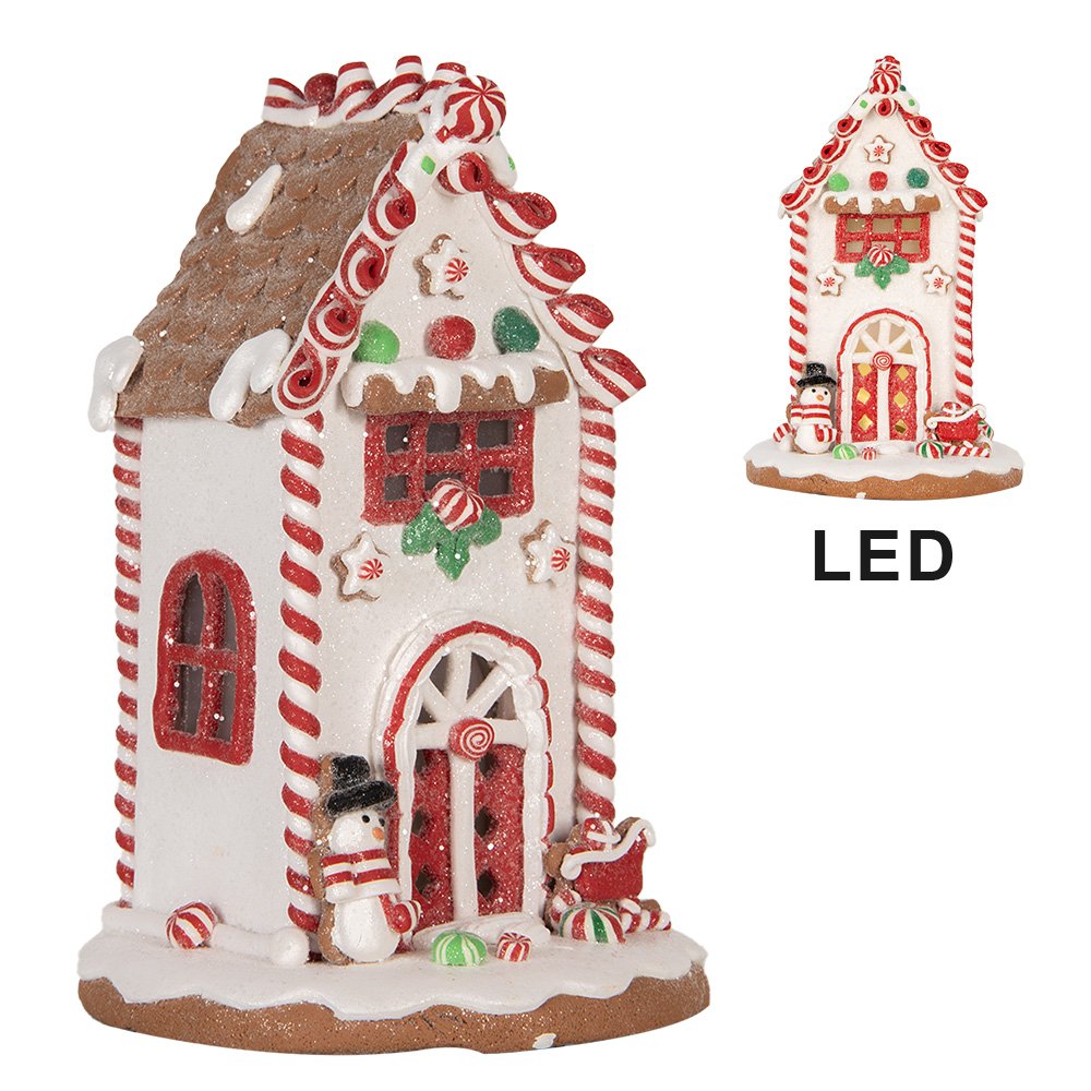 Gingerbread house met LED 14x14x22 cm Wit Rood Kunststof
