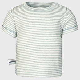 Aqua and white striped short-sleeved organic cotton baby t-shirt, suitable for ages 0-24 months.
