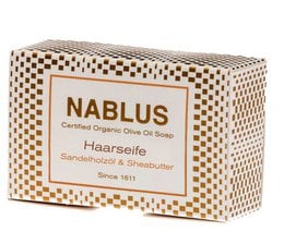 Organic olive oil soap with sandalwood oil and shea butter, 100g bar.