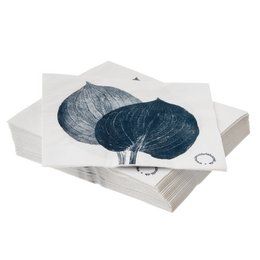 Dinner napkins in a hosta blue color, featuring a botanical print design with dark blue leaves.