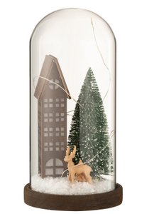 J-Line decoratie Stolp Huis Kerst - glas/hout - bruin/groen - L - LED