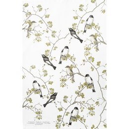 Organic tea towel featuring a pied flycatcher bird design with delicate floral patterns in shades of green and white. The tea towel has a natural, rustic aesthetic suitable for kitchen or home decor.