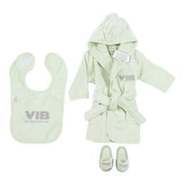 Mint-colored kids' bathrobe set including a bathrobe, bib, and slippers. The bathrobe features a hooded design and the VIB logo. Suitable for children aged 62-68 cm.