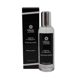 A 100ml room spray with a cotton flower scent. The spray is packaged in a sleek black bottle with a silver accent.