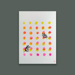  A colorful art print featuring a mouse surrounded by vibrant polka dots in various shades of yellow, orange, and pink. The mouse is the focal point of the image, adding a playful and whimsical element to the design.