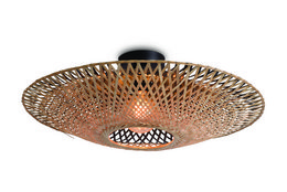 A round, woven ceiling light fixture with a metallic finish. The light has an intricate, lattice-like pattern that creates a warm, ambient glow.