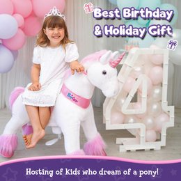 A plush white and pink unicorn ride-on toy with realistic sounds and a brake feature. Suitable for ages 3-8.