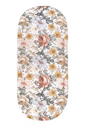  Floral pram accessory mat made of 100% cotton with a soft, comfortable design featuring a variety of colorful flowers and leaves.