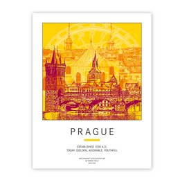 Vibrant poster depicting the iconic skyline of Prague, featuring the famous Charles Bridge and Old Town architecture against a warm, golden sky. Ideal for travel and tourism searches.