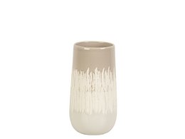 Cream and grey ceramic vase with a tall, cylindrical shape and a textured, drip-like pattern.